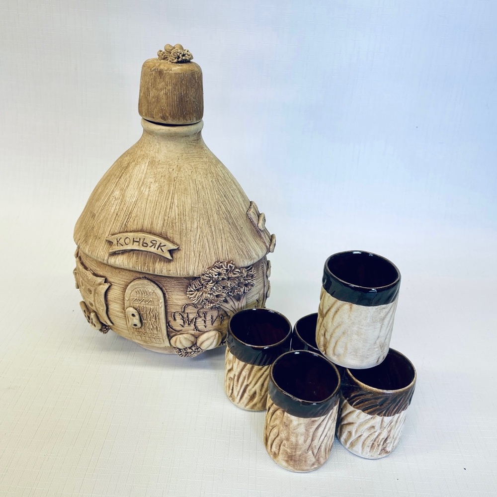 Curated Home Vintage European Ceramic Hatka House Decanter Cognac Set 5 Cups